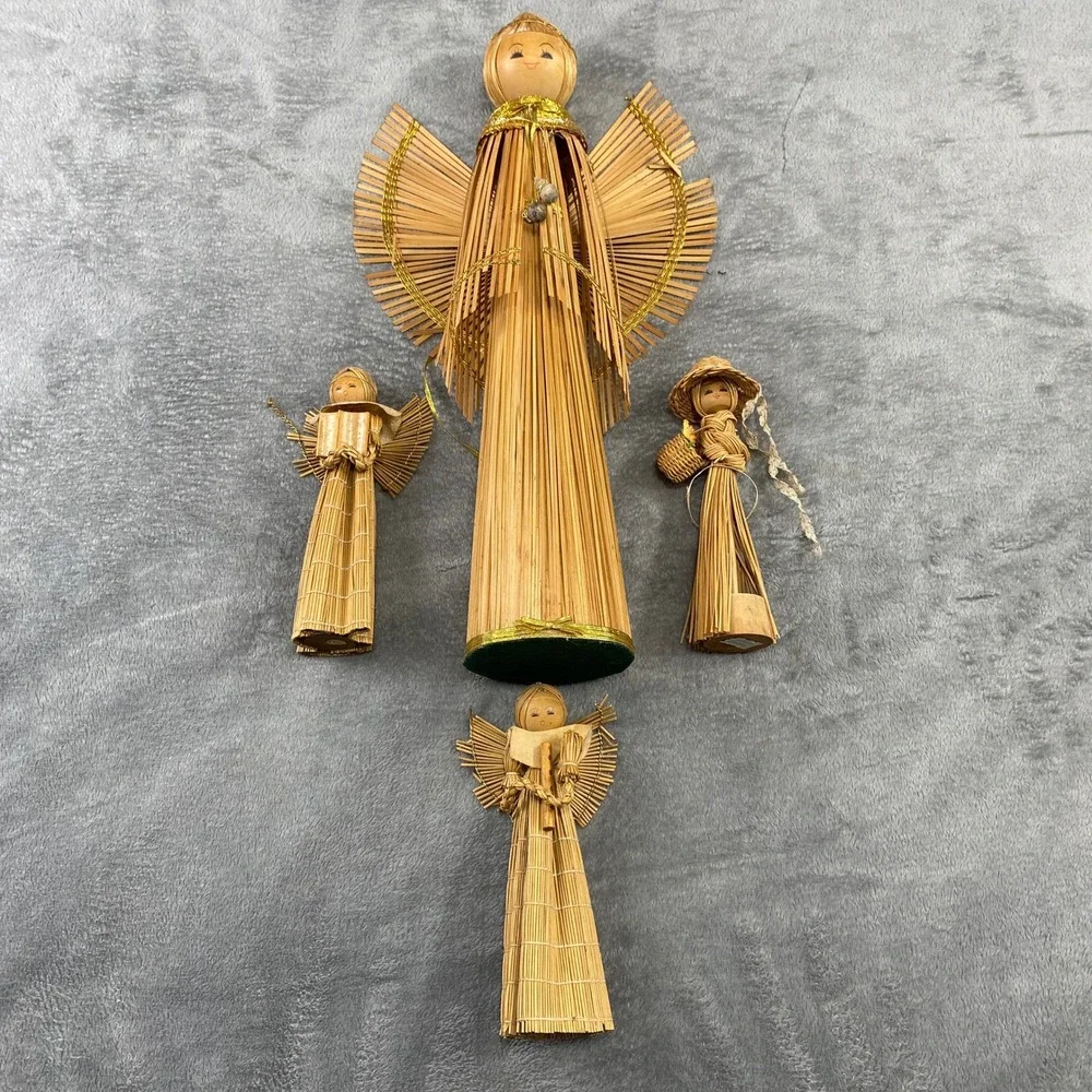 Vintage Set of 4 Straw Angels Christmas Ornaments Nativity Holiday Decor‎